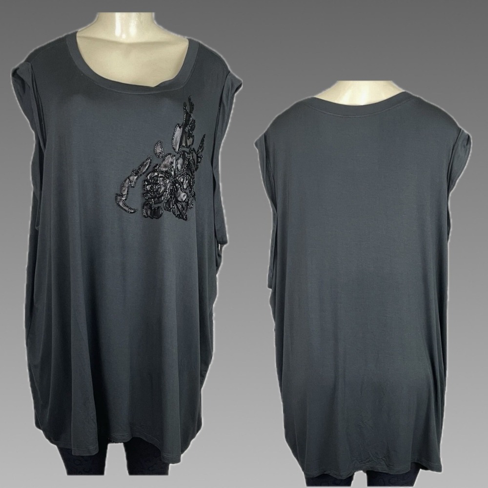 Torrid 5X Deep Black Floral Flames Beaded Applique Cuffed Muscle Tee Tank Crew
